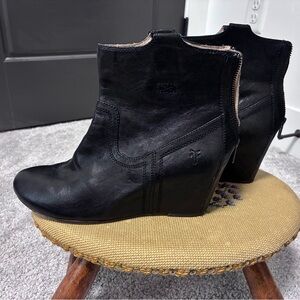 Frye Carson Wedge Booties, Distressed Black Leather, size 9